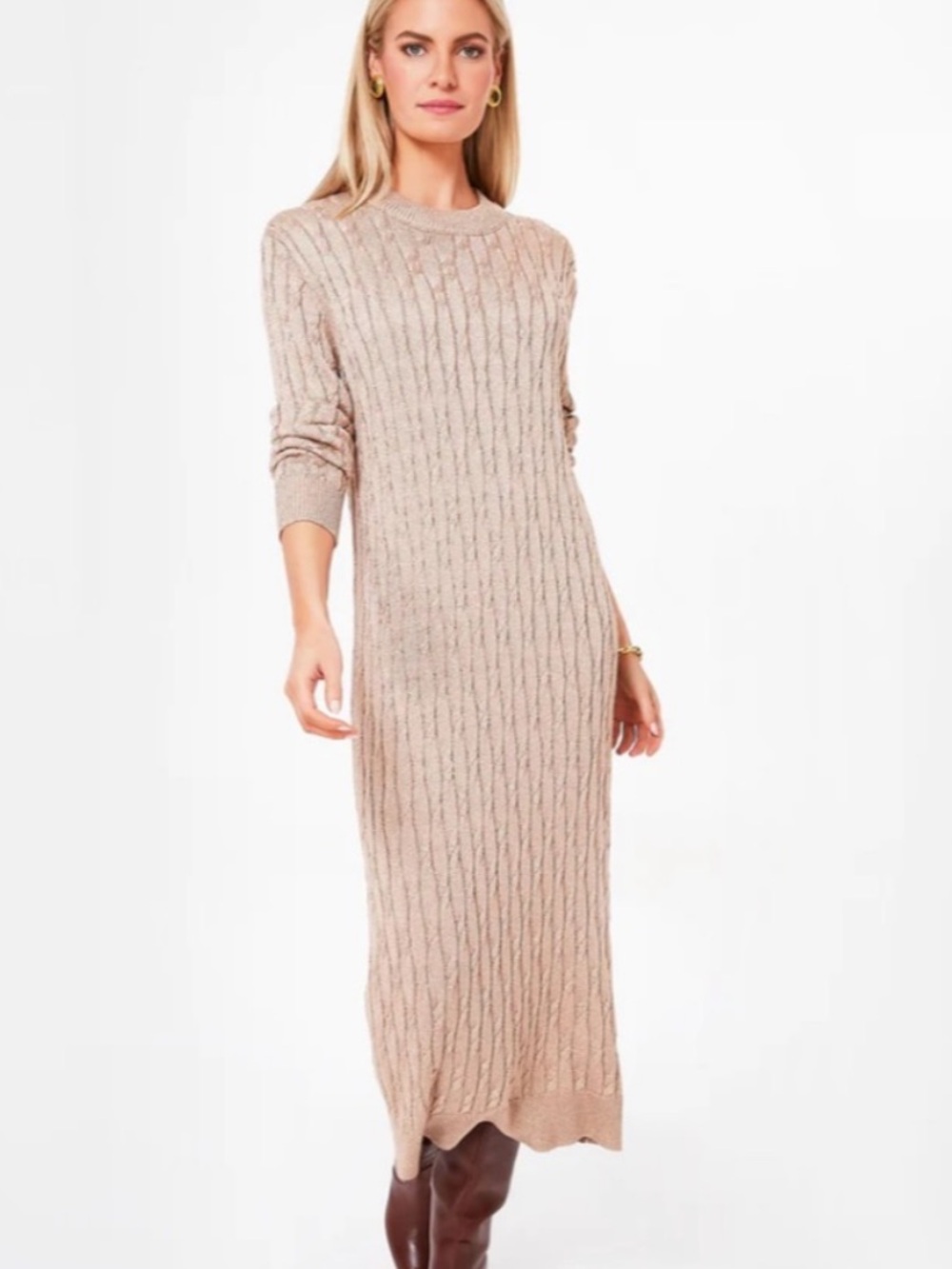NWT Tuckernuck Gold Cable Knit Midi Dress XS Metallic Shimmer Long Sleeve Slinky
